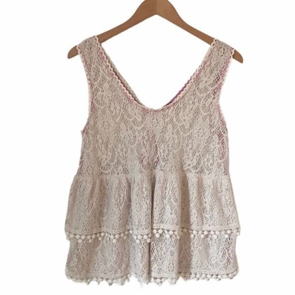 Free People Tops - Free People Sleeveless Crochet Top Festival Top Lace Ecru Dot Fringe Blouse Med